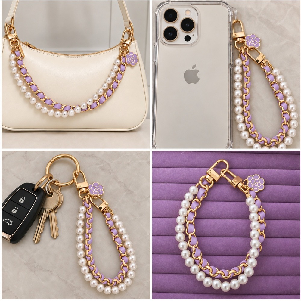 Purple Pearl Flower Phone Charm Bag Strap Extender Keychain 10 Inch Gold Tone